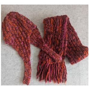Scarf And Hat Set 55% Wool Red Pink Orange